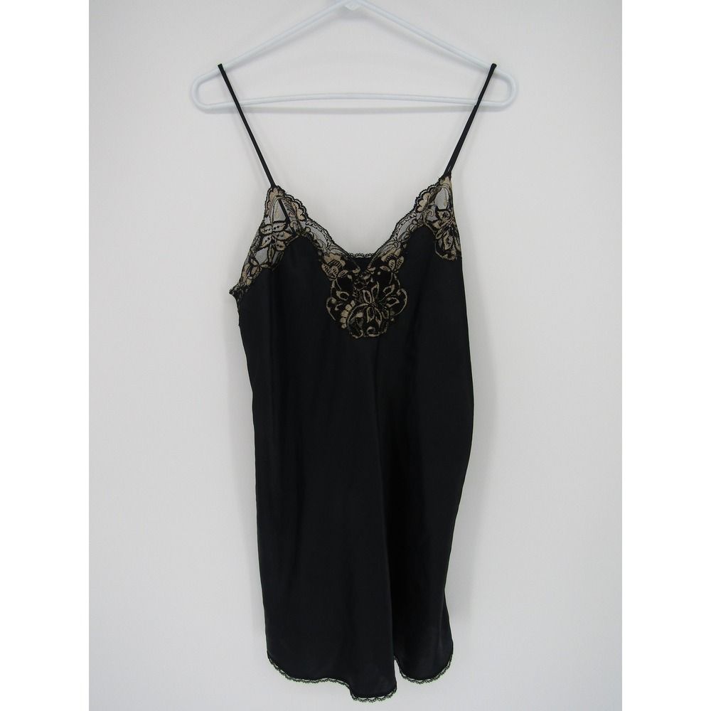 Deena Chemise Nightgown Medium Black Gold Lace Trim Whimsigoth Vintage Lingerie